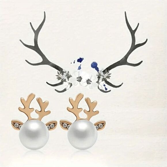 Reindeer Pearl Diamond Gold Plated Stud Earrings - Picture 3 of 7